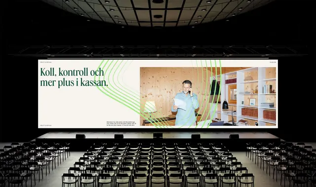 Large-screen corporate presentation auditorium display, corporate-clean, minimal, dark