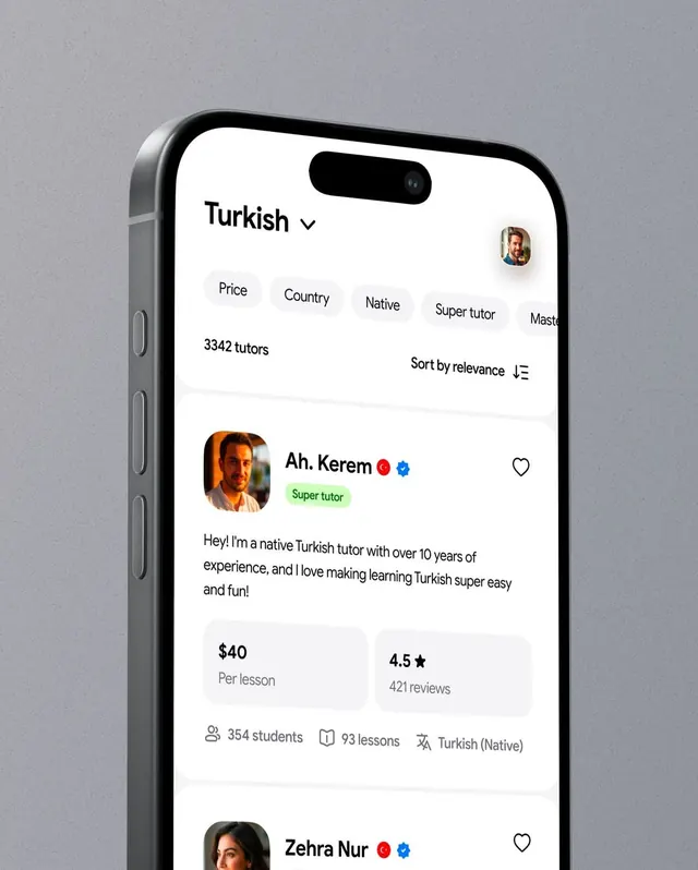 Tutor marketplace mobile profile card, minimal, light-mode, light