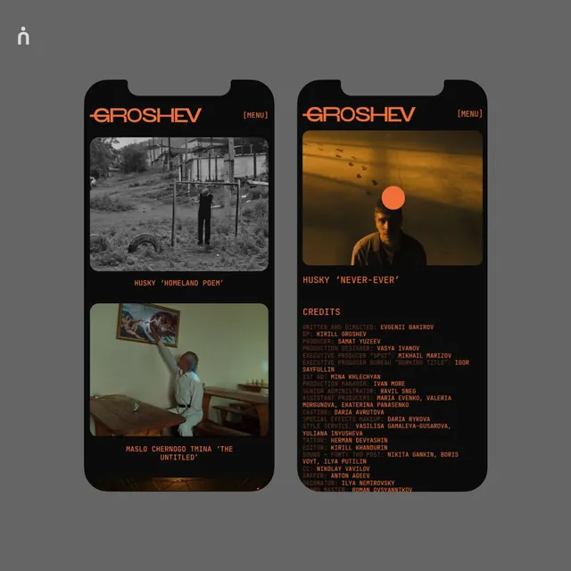 Dark film-UI mockup with orange accent, minimal, dark-mode, dark