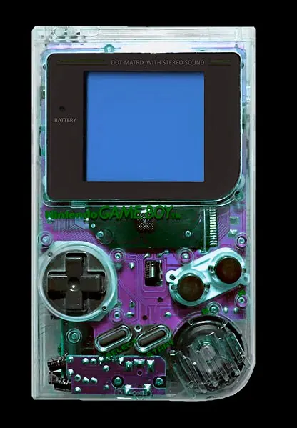 Transparent Game Boy internals with neon accents, technical, 3d-render, dark