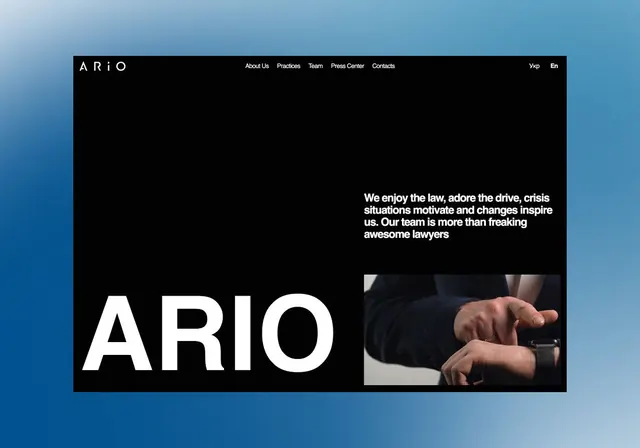 ARIO law firm website header with bold wordmark, corporate-clean, dark-mode, dark