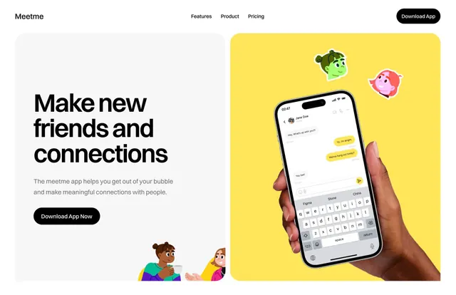 Meetme app split-screen hero, flat, illustrated, warm