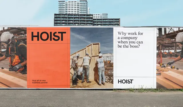 HOIST recruitment billboard with color-blocked orange and construction imagery, minimal, corporate-clean, vibrant
