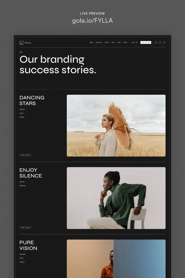 FYLLA portfolio case study showcase, minimal, dark-mode, dark