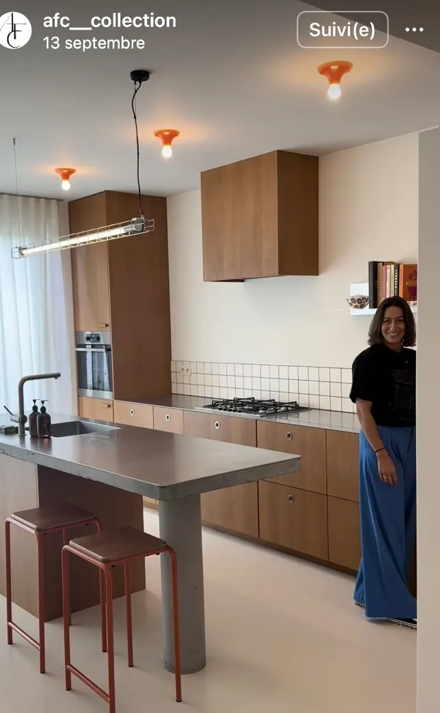 Mid-century kitchen with ambient mushroom lighting, minimal, photographic, warm