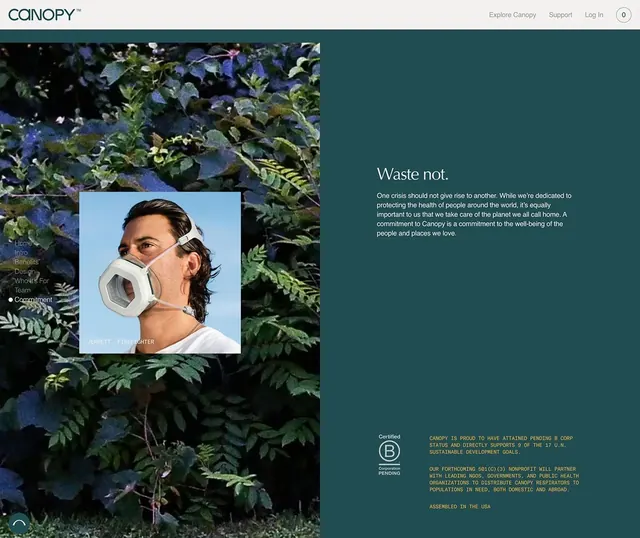 Canopy respirator brand page with environmental split layout, corporate-clean, minimal, cool