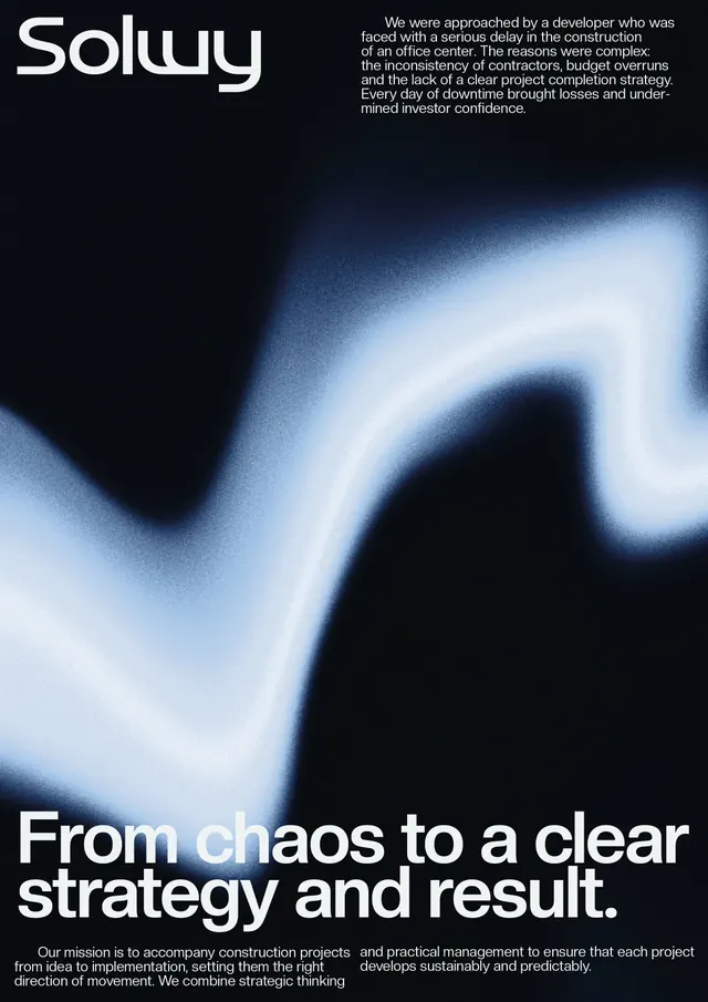 Soluy case study: blue gradient wave layout, minimal, gradient-heavy, dark