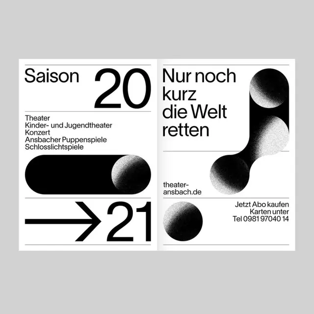Theater Anesbuch season poster with abstract spheres, minimal, abstract, dark