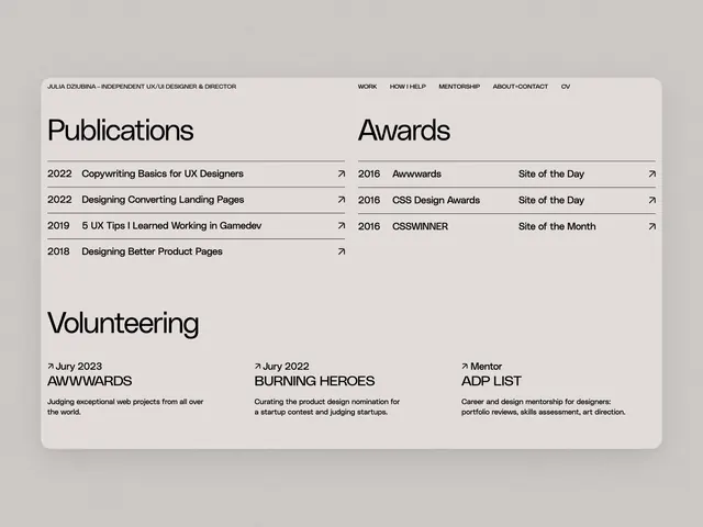 Beige resume card layout with publications, awards, and volunteering sections, minimal, corporate-clean, monochrome