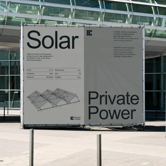 Solar and Private Power exhibition panel, corporate-clean, minimal, light