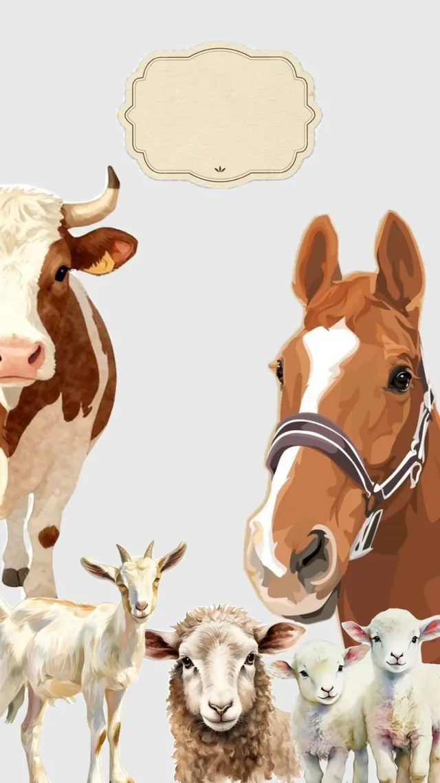 Illustrated farm animals with ornamental frame, illustrated, organic, light
