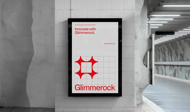 Swiss modernist poster with red geometric symbol and grid, minimal, geometric, light