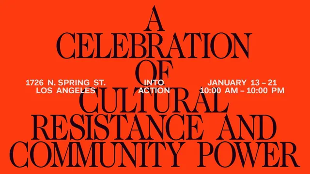 Cultural resistance event poster with stacked black type, editorial, vibrant