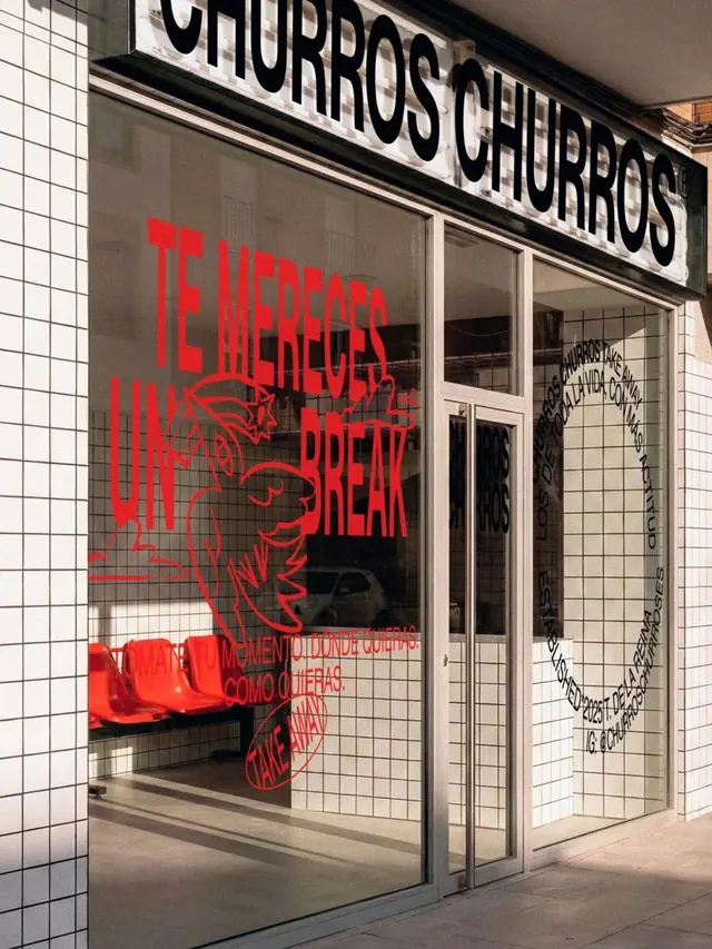 Red neon storefront window installation, photographic, warm