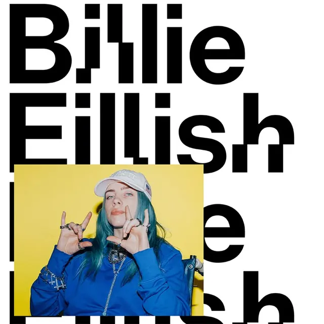 Billie Eilish editorial poster with fractured typography, editorial, maximalist, vibrant