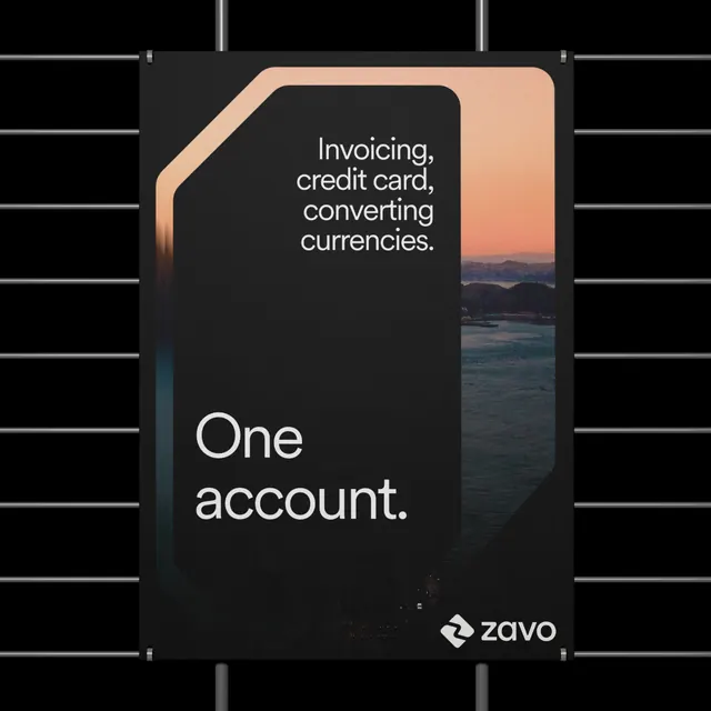 Zavo fintech card with landscape cutout, minimal, dark-mode, dark