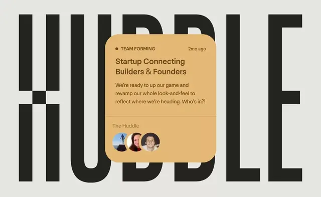 Startup team-forming announcement card, minimal, corporate-clean, dark