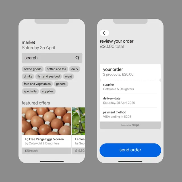 Mobile commerce app with category filters and order review, minimal, flat, light