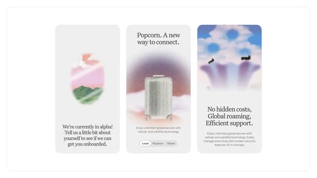 Popcorn connectivity card system, minimal, gradient-heavy, light