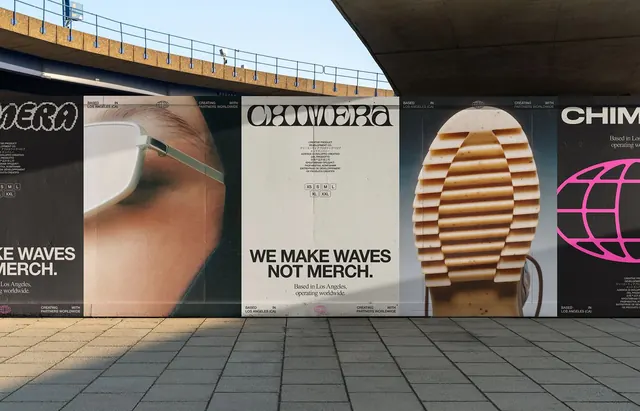 Outdoor billboard series with bold headlines and large-format product photography, minimal, photographic, dark