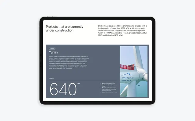 Tablet mockup presenting renewable energy project specs, minimal, corporate-clean, light