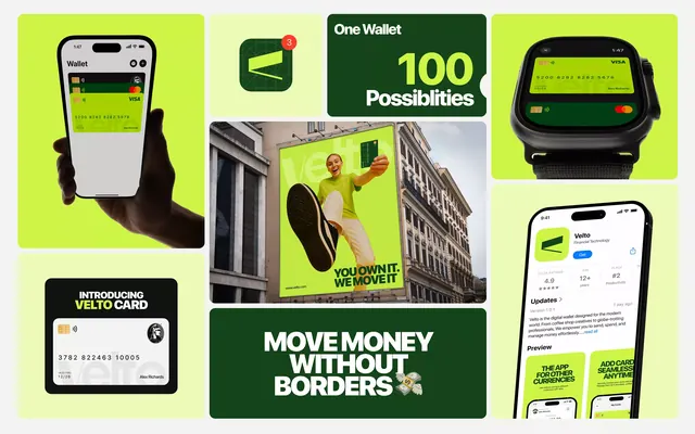 Velo Card fintech collage, minimal, flat, dark