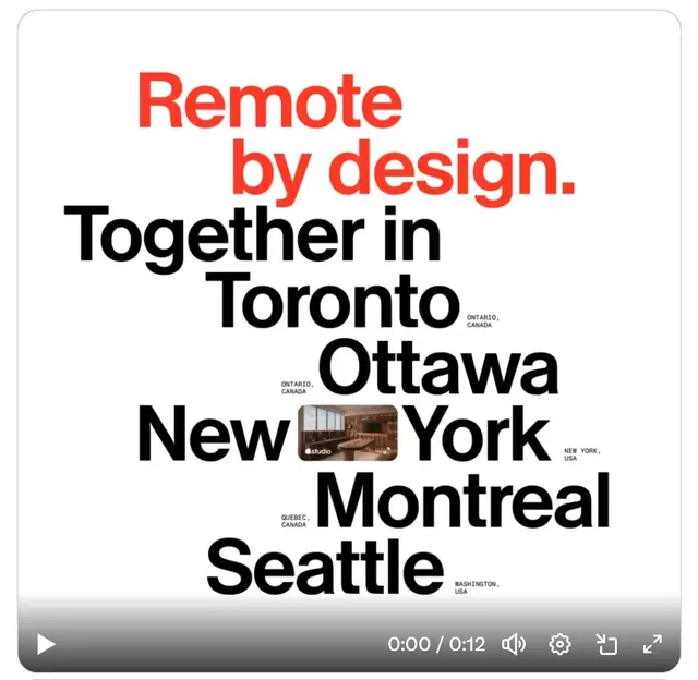 Stacked city-names type layout with accent color, minimal, corporate-clean, dark