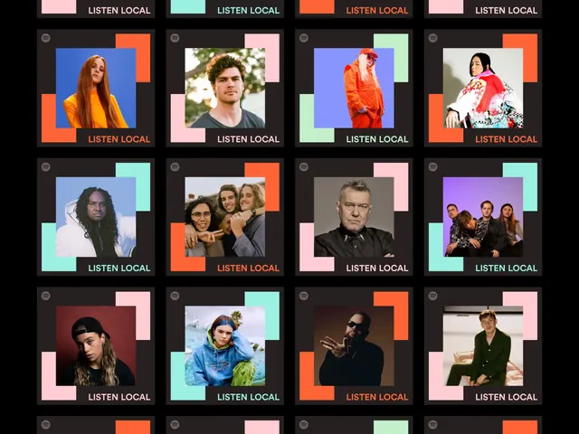 Listen Local portrait grid with neon color blocks, photographic, geometric, warm