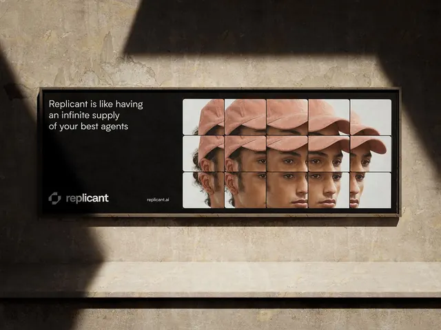Replicant AI talent grid poster, minimal, corporate-clean, dark