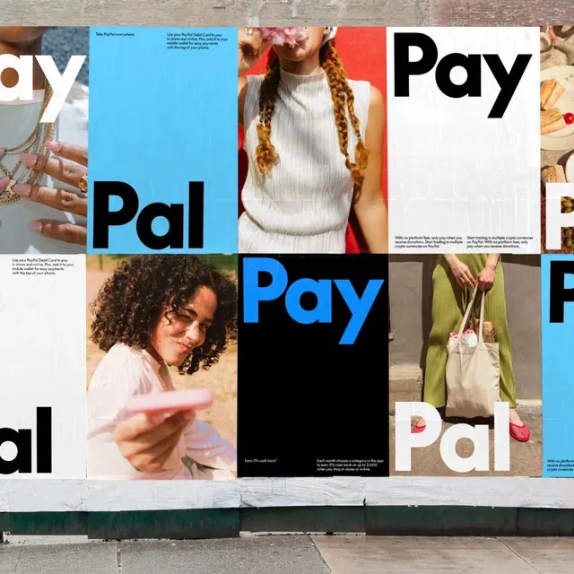 Pal Pay identity collage with bright blue typography, editorial, cool