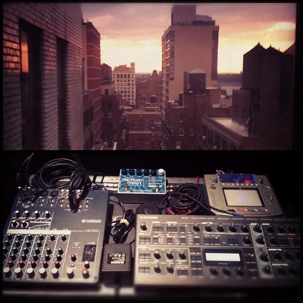 Studio Music Production Setup, dark-mode, photographic, warm
