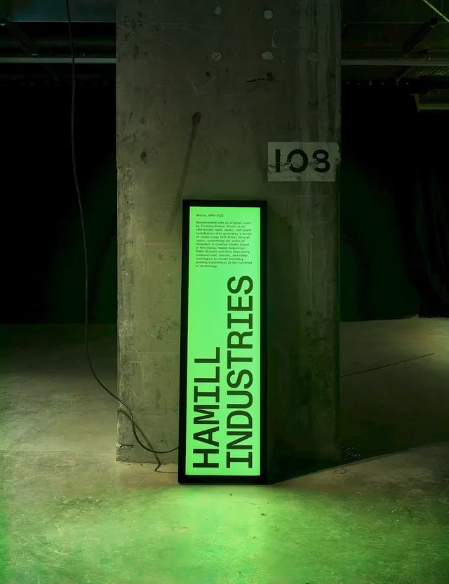 Hawill Industries Signage, brutalist, technical, dark