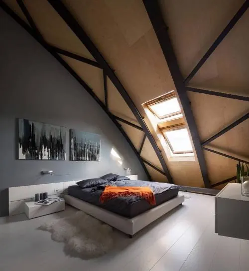 Modern Attic Bedroom Interior, minimal, luxury, warm