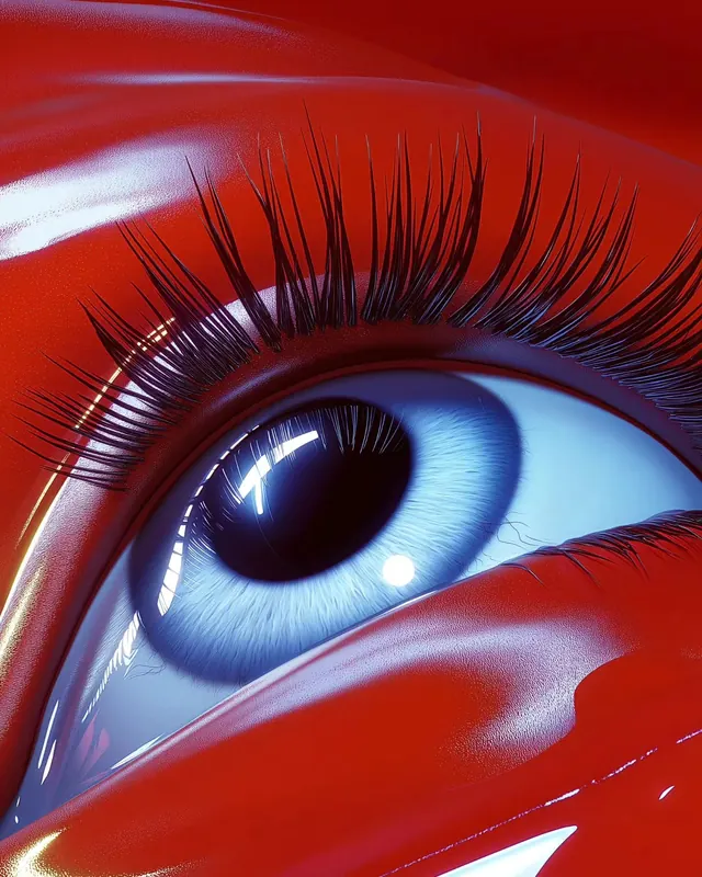 Close-up eye with red skin and blue iris, 3d-render, surreal, vibrant