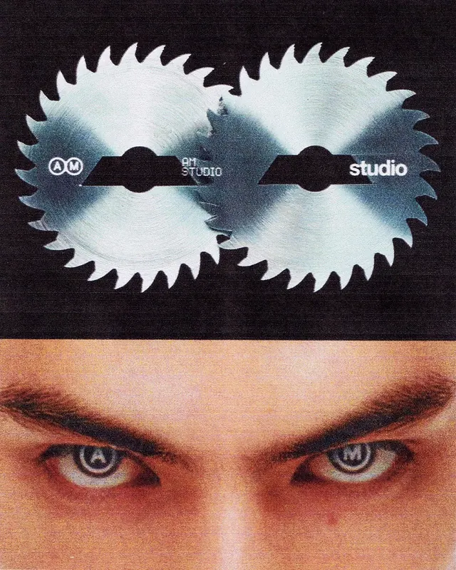 Saw Blade Graphic and Eye Close-up, brutalist, maximalist, monochrome