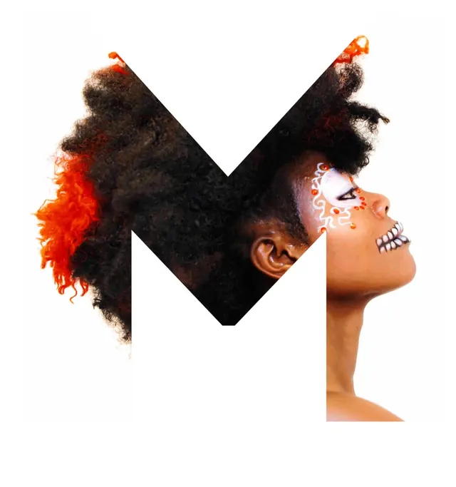M-shaped Portrait Collage, maximalist, organic, high-contrast