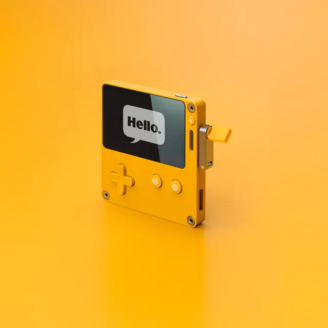 Yellow handheld device mockup with greeting, minimal, 3d-render, vibrant
