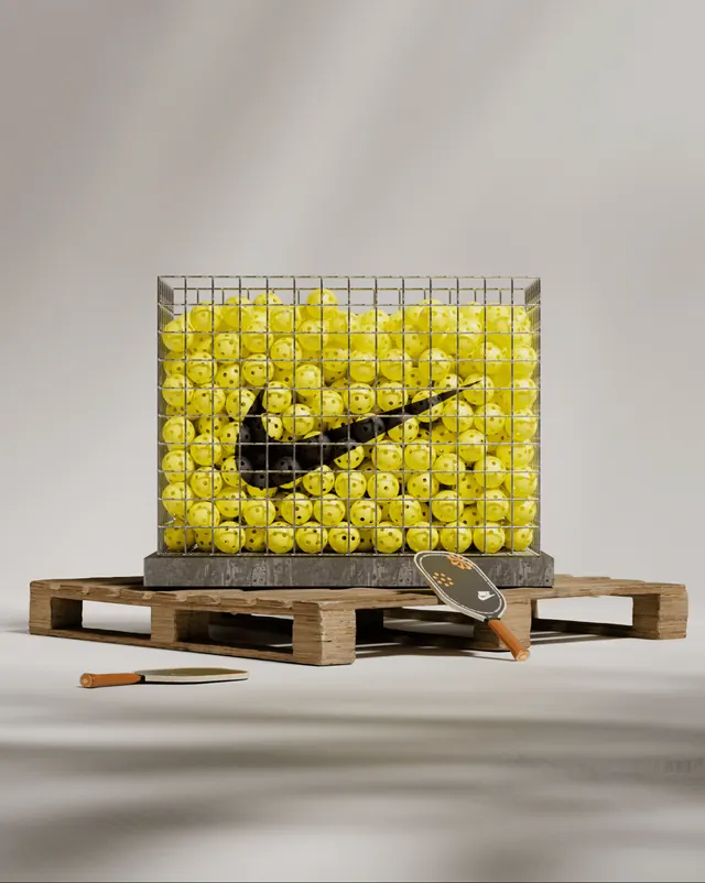 Tennis ball grid sculpture, 3d-render, geometric, vibrant