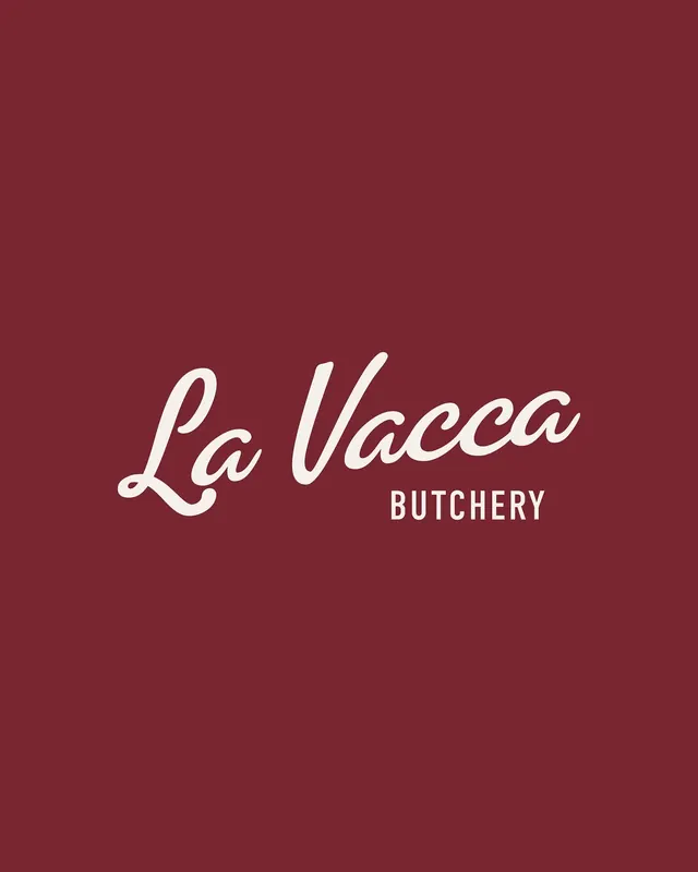 La Vacca Butchery: script and sans-serif lockup, retro, monochrome, warm