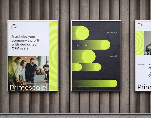 Primescale CRM brand system with lime-green accent, minimal, geometric, dark