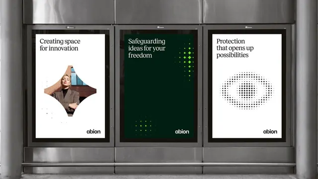 Three-panel modular security campaign billboard, minimal, corporate-clean, dark