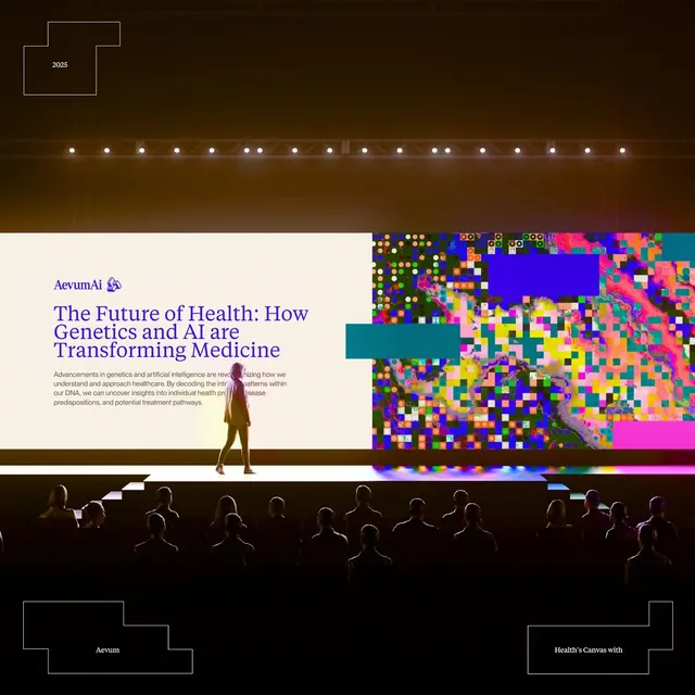 AevumAI presentation stage with neon data visualization, corporate-clean, neo-brutalist, dark