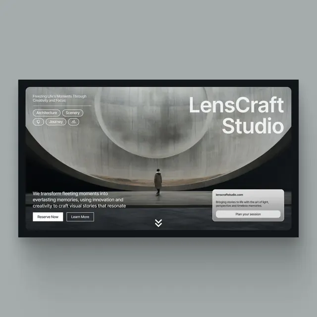 LensCraft Studio hero with landscape background, dark-mode, photographic, dark