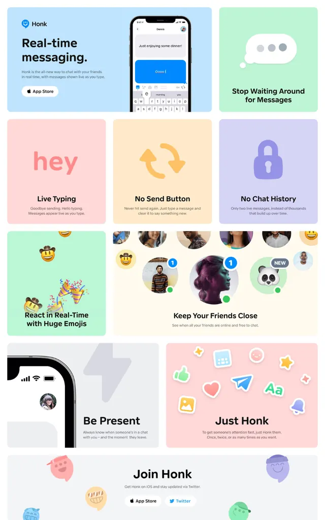 Honk messaging app marketing grid, playful, minimal, light