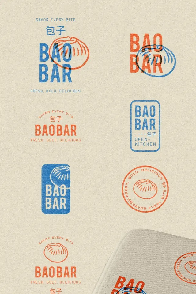 Bao Bar branding system with duotone logo variations, geometric, playful, high-contrast
