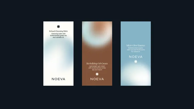 NOEVA skincare product cards with organic gradients, minimal, organic, dark