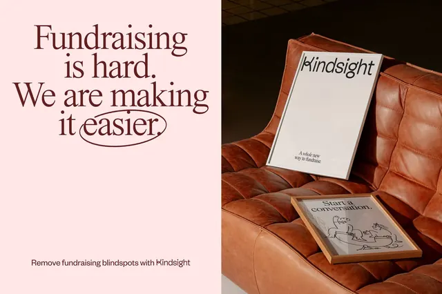 Split-layout messaging with serif type and leather product photography, corporate-clean, minimal, light