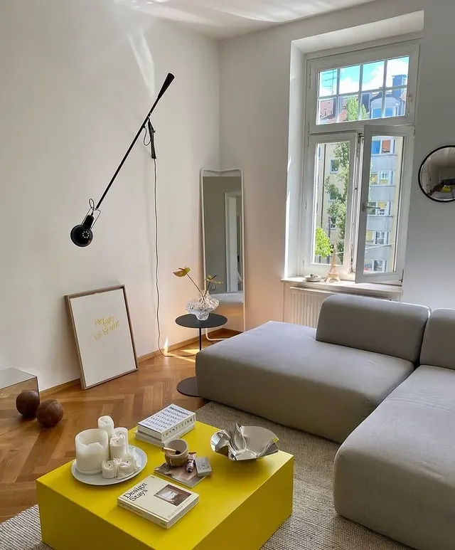 Contemporary living room, gray sofa and yellow table, minimal, geometric, light