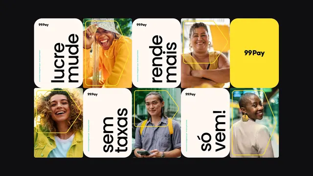 99Pay fintech app card grid with yellow and portraits, minimal, warm