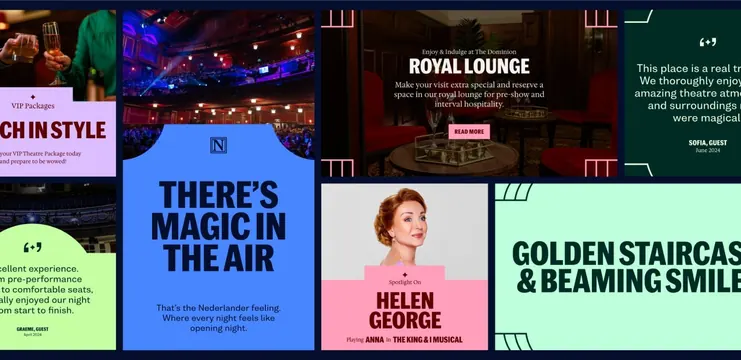 Theater promotional collage with neon accents, luxury, maximalist, warm